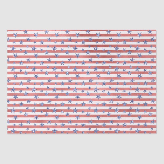 Red White Glitter Blue Stars Stripes Tissue Paper (Front)