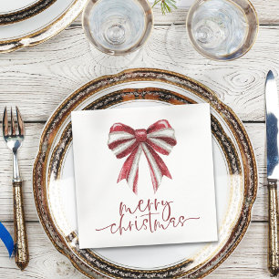 Red White Glitter Bow Merry Christmas Napkin