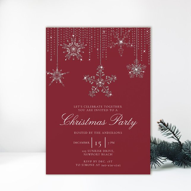 Red White Glitter Drips Snowflakes Christmas Invitation (red white christmas party invitation sparkles glitter snowflakes calligraphy elegant modern)