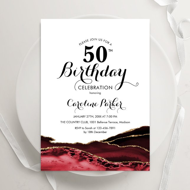 Red White Gold Agate 50th Birthday Invitation (Creator Uploaded)