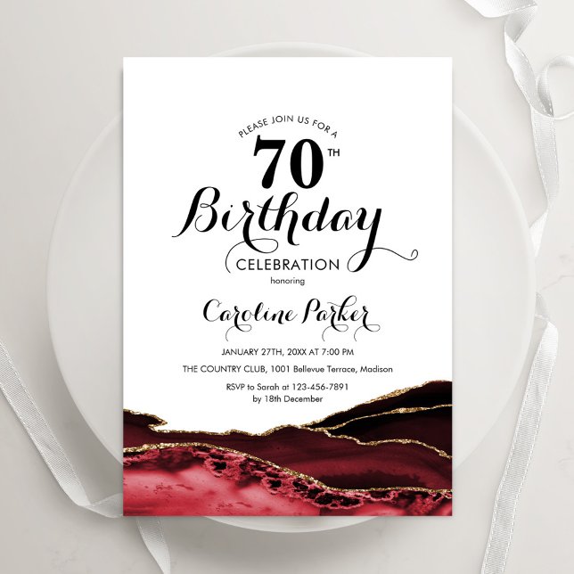 Red White Gold Agate 70th Birthday Invitation (Creator Uploaded)