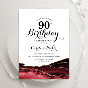 Red White Gold Agate 90th Birthday Invitation