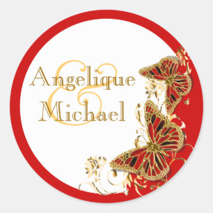 Red white gold butterfly wedding classic round sticker