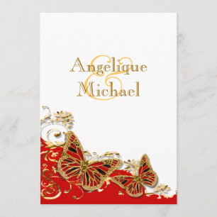 Red white gold butterfly wedding invitation