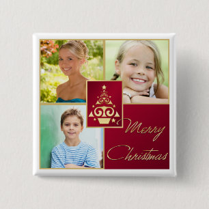 Red, White, Gold Christmas Tree Photo Button