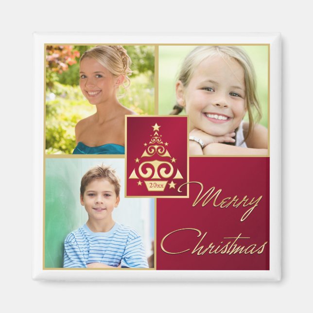 Red, White, Gold Christmas Tree Photo Magnet (Front)