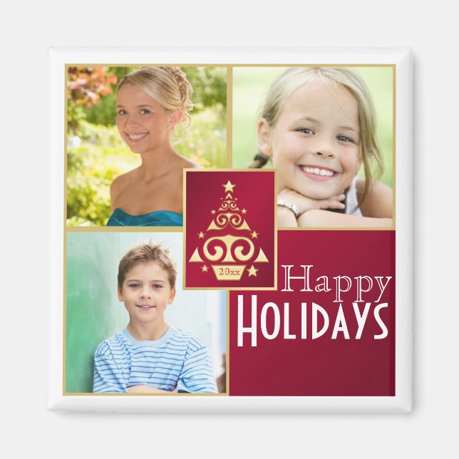 Red, White, Gold Christmas Tree Photo Magnet (Front)