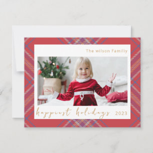 Red White Gold Elegant Plaid Holiday Christmas Card