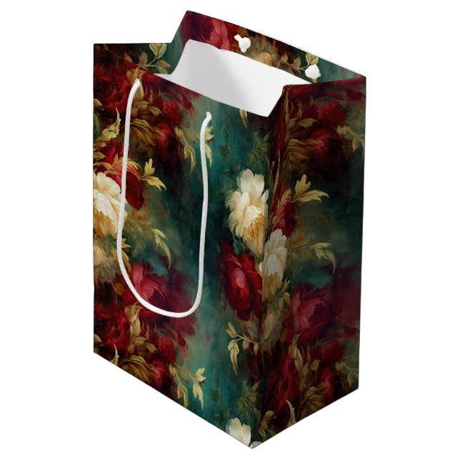 Red White Gold Green Flowers Medium Gift Bag (Front Angled)