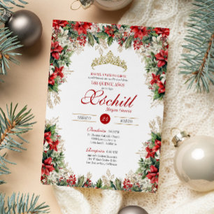 Red White Gold Holiday Floral Winter Quinceañera Invitation