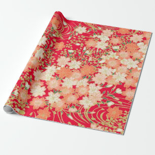 Red White Gold Japanese Kimono Floral Decoupage  Wrapping Paper