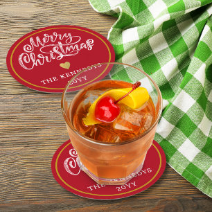 Red White Gold Merry Christmas Round Paper Coaster