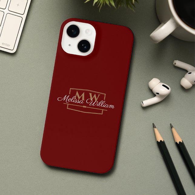 Red White Gold Monogram Name Script iPhone Case (Creator Uploaded)