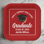 Red White Graduate 2025 Graduation Party Square Paper Plate<br><div class="desc">This modern red and white custom graduation party paper plate features classy typography of your high school or college name for the class of 2025. Customise with your graduating year under the chic handwritten script and black grad cap for great personalised graduate decor.</div>