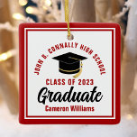 Red White Graduate 2025 Personalised Christmas Ceramic Ornament<br><div class="desc">This modern red and white custom graduate Christmas ornament feature classy typography of your university or college name for the class of 2025. Customise with your graduating year next to the chic handwritten script and black grad cap for a great personalised congratulations graduation gift.</div>