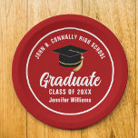 Red White Graduate Custom 2025 Graduation Party Paper Plate<br><div class="desc">This modern red and white custom graduation party paper plate features classy typography of your high school or college name for the class of 2025. Customise with your graduating year under the chic handwritten script and black grad cap for great personalised graduate decor.</div>