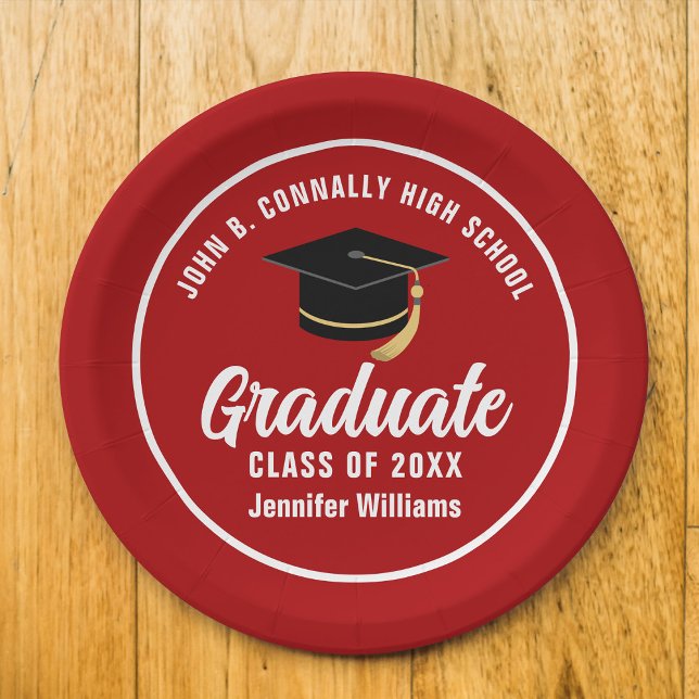 Red White Graduate Custom 2025 Graduation Party Paper Plate (Creator Uploaded)