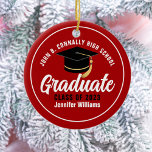 Red White Graduate Modern 2025 Custom Graduation Ceramic Ornament<br><div class="desc">This modern red and white custom senior graduate Christmas ornament features your high school or college name for the class of 2025. Customise with your graduating year under the chic handwritten script and black grad cap for a great personalised graduation gift.</div>
