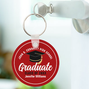 Red White Graduate Modern Customised Graduation Key Ring