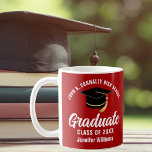 Red White Graduate Personalised 2025 Graduation Coffee Mug<br><div class="desc">This modern red and white custom senior graduation mug features classy typography of your high school or college name for the class of 2025. Customise with your graduating year under the chic handwritten script and black grad cap for a great personalised graduate keepsake gift.</div>