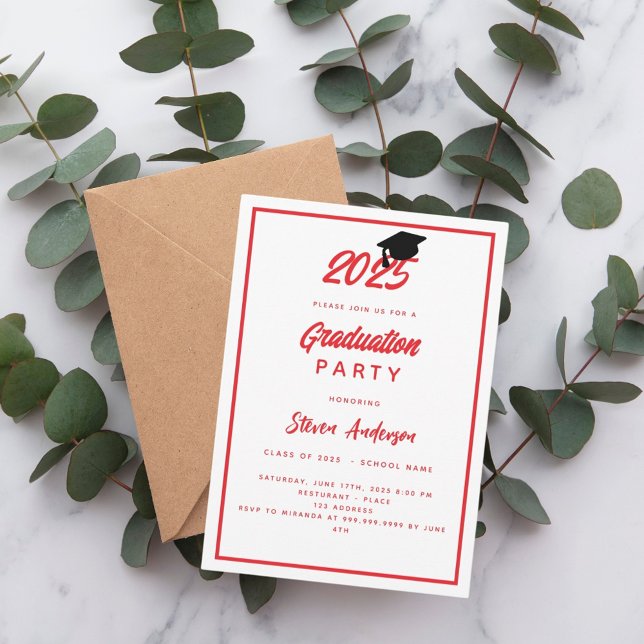 Red white Graduation Party 2025 Invitation (Creator Uploaded)