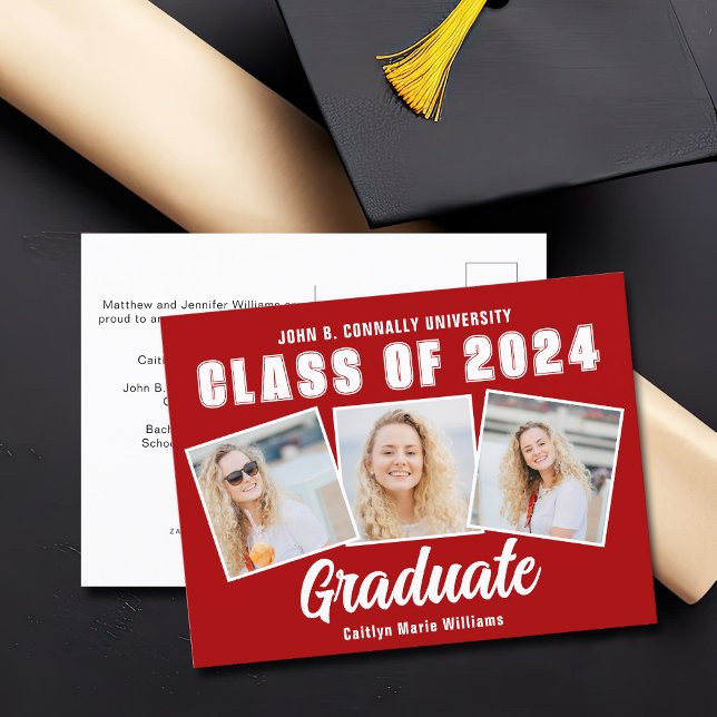 Red White Graduation Photo Collage 2025 Graduate Announcement Postcard (Creator Uploaded)