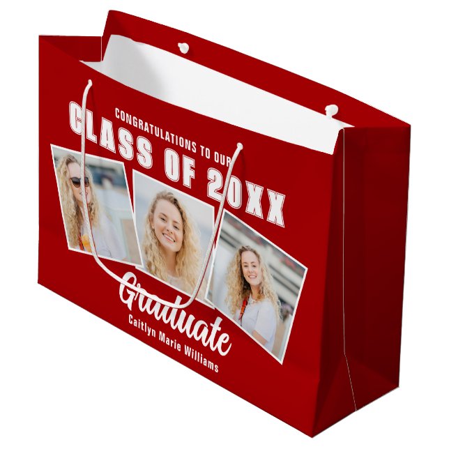 Red White Graduation Photo Collage Graduate Large Gift Bag (Front Angled)