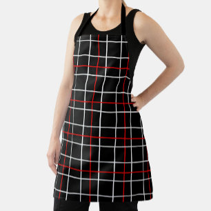 Red White Graphical Lines Black Plaid Design  Apron