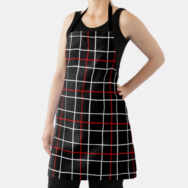 Red White Graphical Lines Black Plaid Design  Apron (Creator Uploaded)