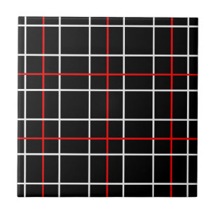 Red White Graphical Lines Black Plaid Design Ceramic Tile
