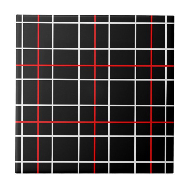 Red White Graphical Lines Black Plaid Design  Ceramic Tile (Front)