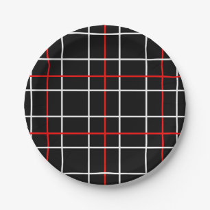 Red White Graphical Lines Black Plaid Design Paper Plate