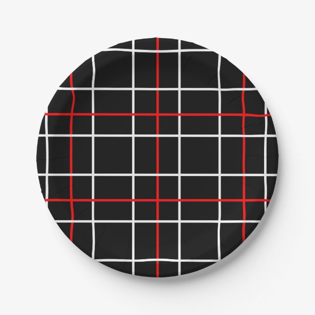 Red White Graphical Lines Black Plaid Design  Paper Plate (Front)