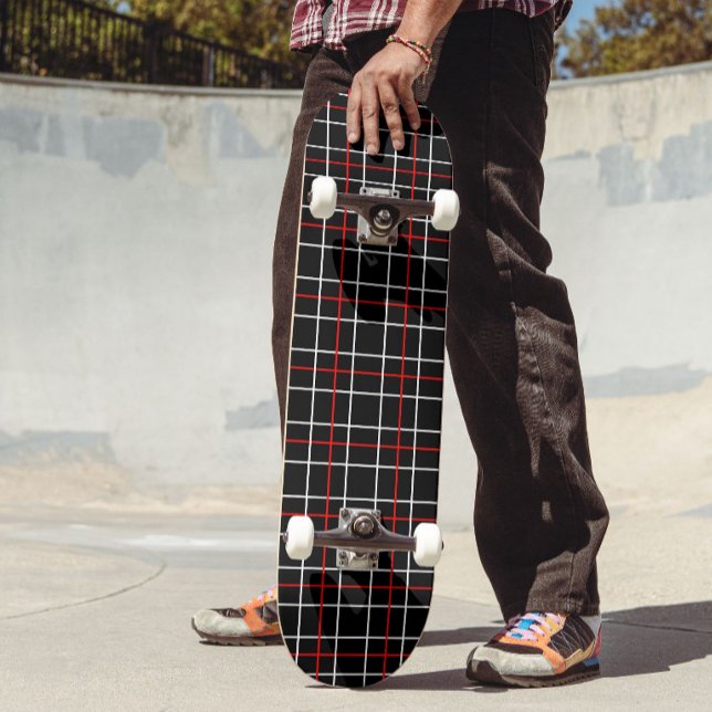 Red White Graphical Lines Black Plaid Design  Skateboard (Creator Uploaded)