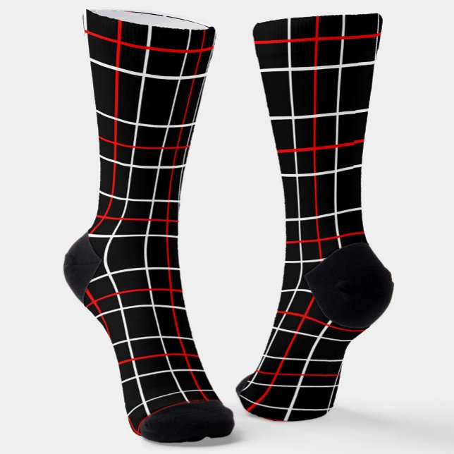 Red White Graphical Lines Black Plaid Design  Socks (Creator Uploaded)