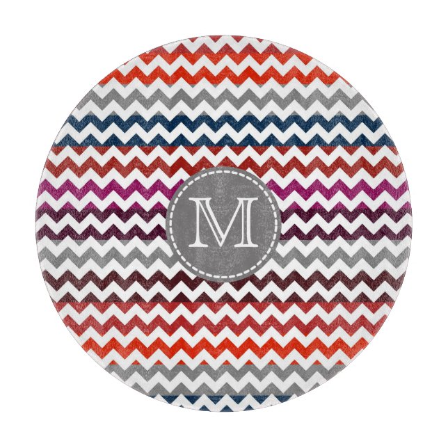 Red White Gray Chevron Zigzag Monogram Cutting Board (Front)