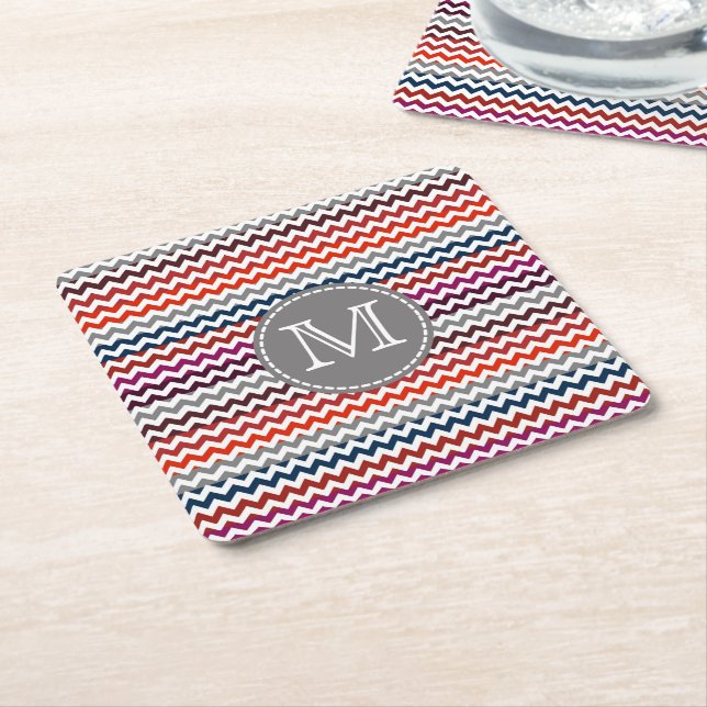 Red White Gray Chevron Zigzag Monogram Square Paper Coaster (Angled)