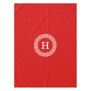Red White Greek Key Rnd Frame Initial Monogram Tablecloth