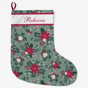 Red White Green Christmas Flowers Personalised Large Christmas Stocking