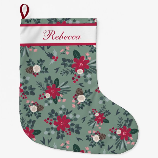 Red White Green Christmas Flowers Personalised   Large Christmas Stocking (Front)