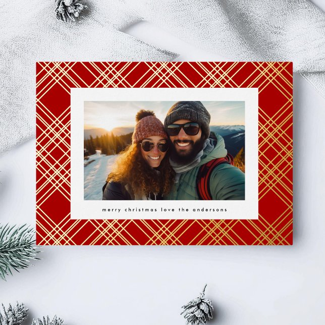 Red White Green Christmas Gold Lines Plaid Foil Holiday Card (Creator Uploaded)