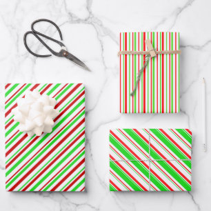Red, White, Green Christmas Style Striped Patterns Wrapping Paper Sheet