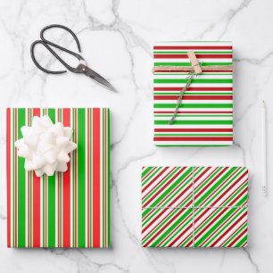 Red, White, Green Christmas-Themed Lines Patterns Wrapping Paper Sheet