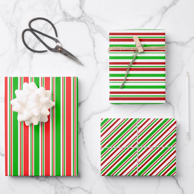 Red, White, Green Christmas-Themed Lines Patterns Wrapping Paper Sheet (Front)