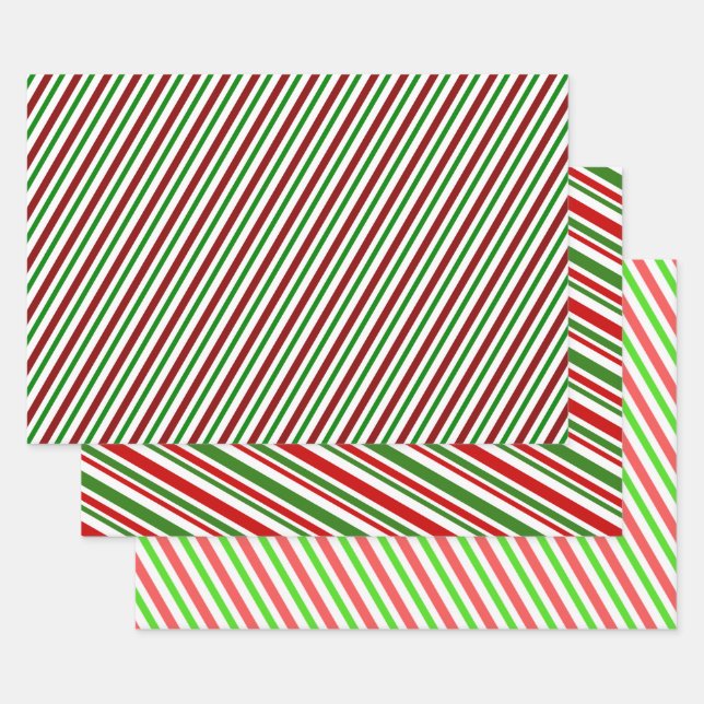 Red, White & Green Christmas-Themed Stripes/Lines Wrapping Paper Sheet (Set)