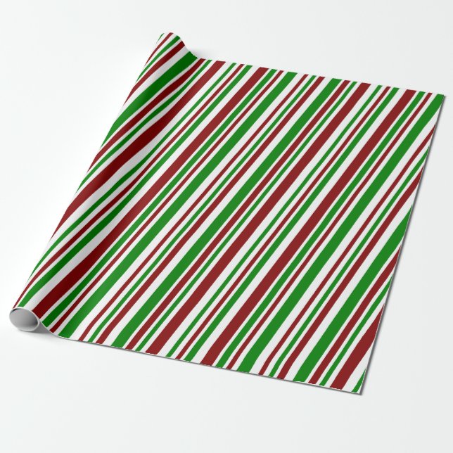 Red, White & Green Christmas-Themed Stripes Wrapping Paper (Unrolled)