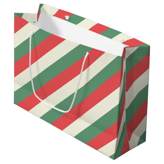 Red, White, & Green Classic Candy Cane Stripes Large Gift Bag (Front Angled)