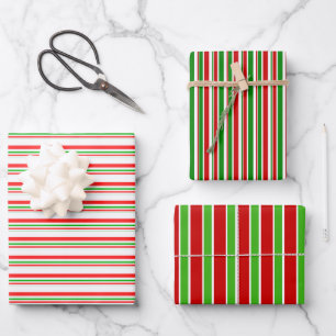 Red, White, Green Colored Christmas-Themed Lines Wrapping Paper Sheet