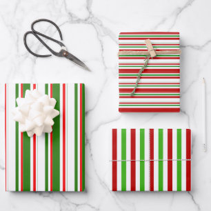 Red, White, Green Coloured Christmas Style Lines Wrapping Paper Sheet