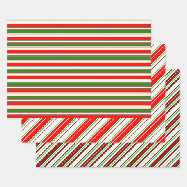 Red, White, Green Coloured Christmas-Style Stripes Wrapping Paper Sheet (Set)
